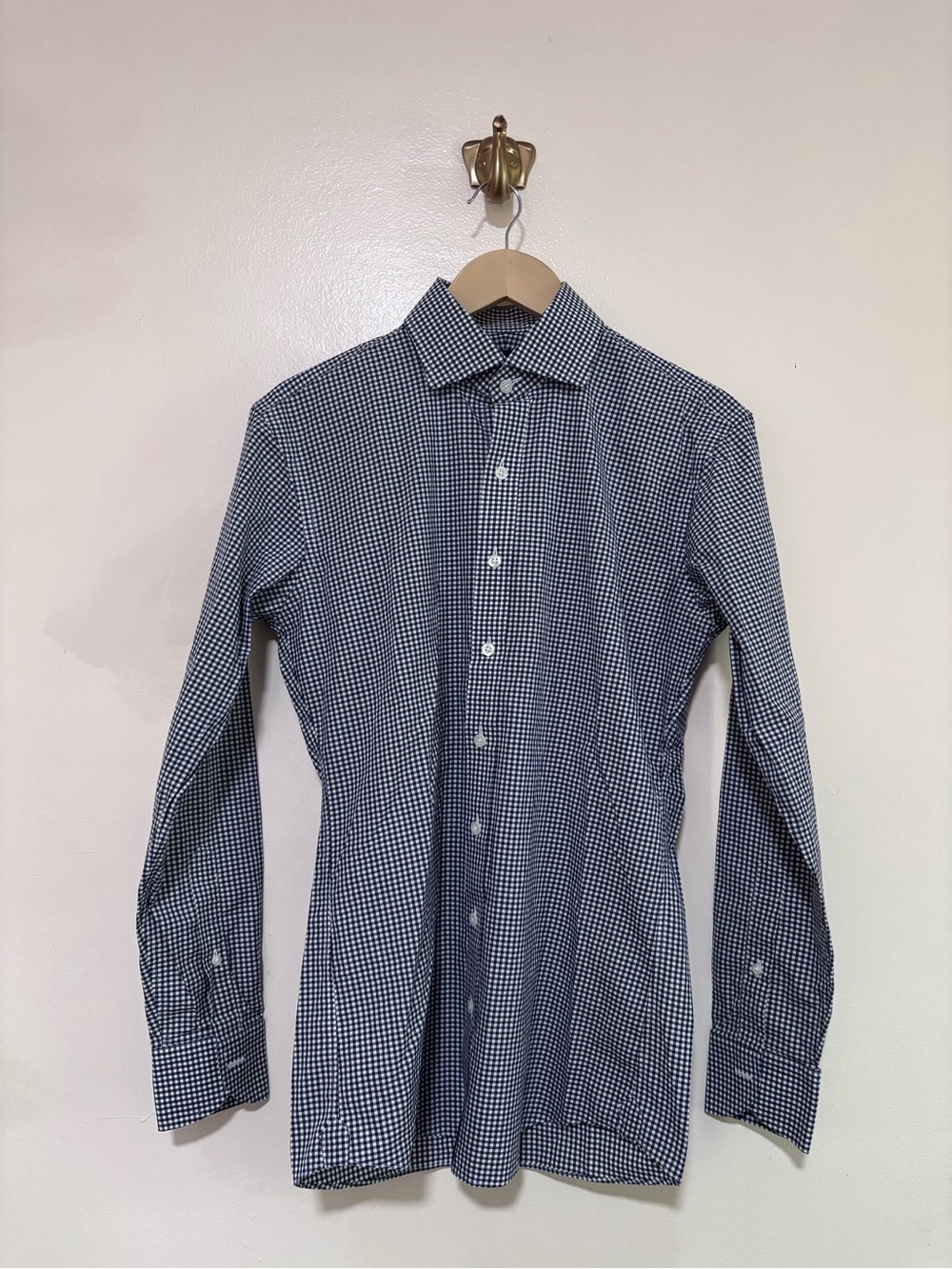 Proper Cloth Slim Fit Tailored Navy Gingham Dress Shirt - Neck size 15.5